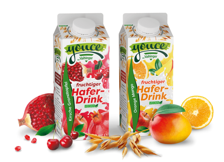 Abbildung der beiden Sorten des veganen Haferdrinks Youce in Kirsche Granatapfel und Orange Mango